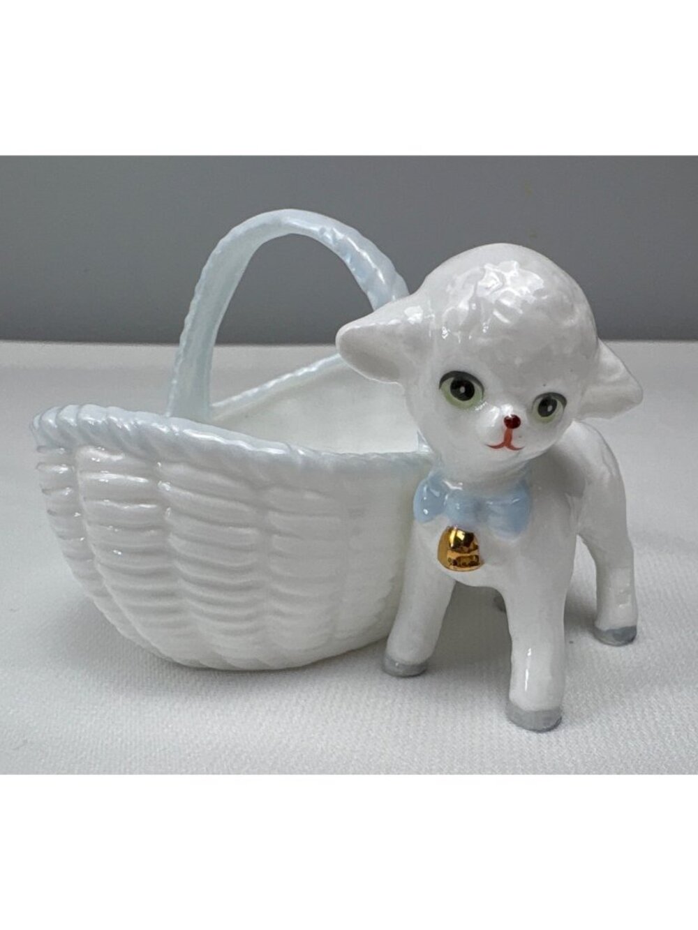 Enesco Lamb Basket Figurine White Blue Bow 3" Genuine Bone China